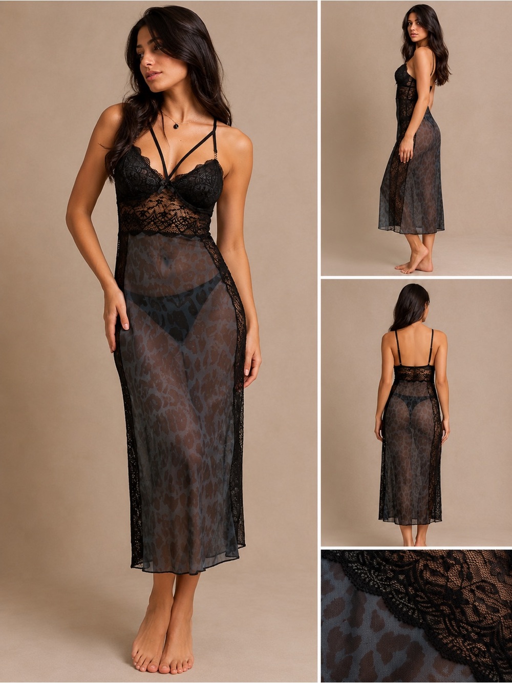 NEW! Strappy Black/Green Sheer Lace Maxi Chemise Leopard Nightie Nightgown